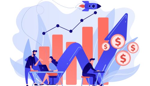 Sales managers with laptops and growth chart. Sales growth and manager, accounting, sales promotion and operations concept on white background. Pink coral blue vector isolated illustration